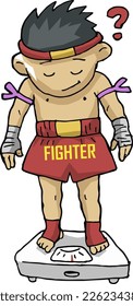 Smiling fighter stands on scales checking his weight. Hands are wrapped with Thai boxing ropes. Fector illustration EPS10