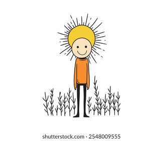 Figura sonriente con sol radiante y plantas. EPS 10