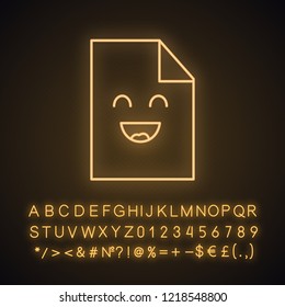 Smiling file character neon light icon. Happy document. Successful agreement, contract. Excellent review. Emoji, emoticon. Glowing sign with alphabet, numbers and symbols. Vector isolated illustration