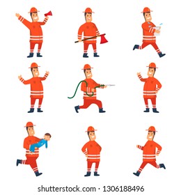 Smiling Firefighter in Orange Protective Uniform and Helmet Set, Cheerful Professional Male Freman Cartoon Character Doing His Job and Rescuing People Vector Illustration