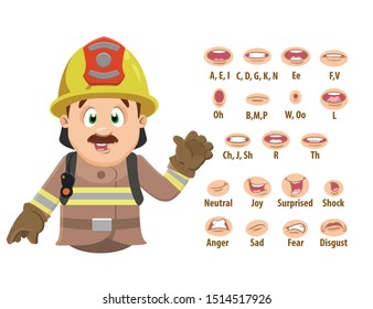Smiling firefighter in uniform and hardhat shows to set of mouth, teeth positions. Lip sync emotions collection. Can be used for animation. Cartoon vector illustration isolated on white background.