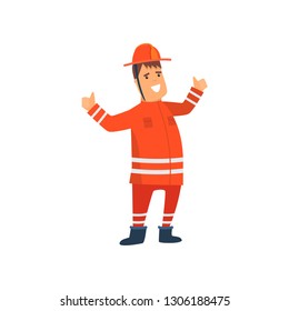 Smiling Firefighter Wearing Orange Protective Uniform and Helmet, Cheerful Professional Male Freman Cartoon Character Doing His Job Vector Illustration