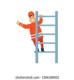 Smiling Firefighter Wearing Orange Protective Uniform Climbing Ladder, Cheerful Professional Male Freman Cartoon Character Doing His Job Vector Illustration