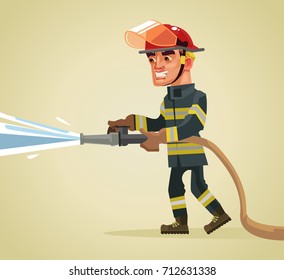 Smiling fireman character holding hose extinguishing fire with water. Vector flat cartoon illustration