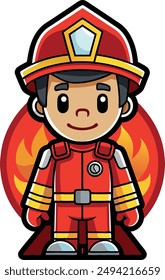 Smiling fireman wearing uniform and helmet with flame logo