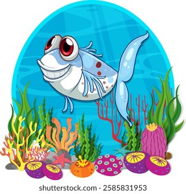 Smiling fish among vibrant coral and sea plants