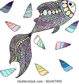 Smiling fish and empty snails made of doodles elements. Vivid gorgeous hand drawn vector illustration. Seamless pattern, marine set