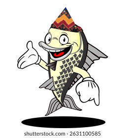 Smiling Fish Greets the World Wearing Traditional Cultural Hat. VECTOR ILLUSTRATOR