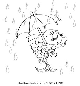 Smiling fish holds an umbrella in the rain.  Coloring book