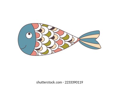 Smiling fish with openwork multicolored scales. Doodles. Boho style. For textiles, children clothing, wallpaper, packaging, wrapping paper. Simple vector illustration isolated on white background