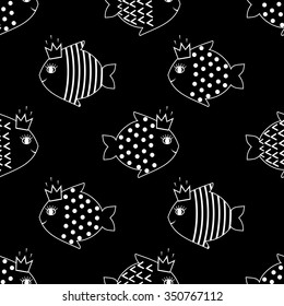 Smiling fish seamless pattern for kids holidays. Black and white child drawing style illustration..