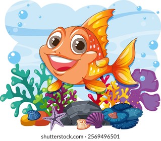 Smiling fish surrounded by colorful coral and shells