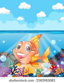 Smiling fish surrounded by colorful underwater scenery