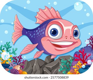 Smiling fish surrounded by vibrant underwater coral life