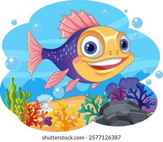 Smiling fish swimming among vibrant coral and bubbles