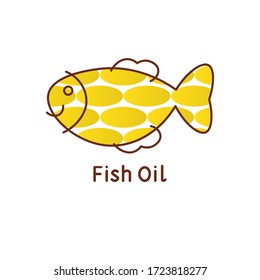Smiling fish, yellow fish oil capsules inside. Healthcare related logo template with text layout Fish Oil. Flat and line style combination of vector stock illustration, isolated on white background.