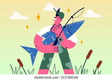 Smiling fisherman hold huge fish excited with successful haul. Happy man feel proud with fishing hunt. Hobby, fishery activity concept. Flat vector illustration, cartoon character. 