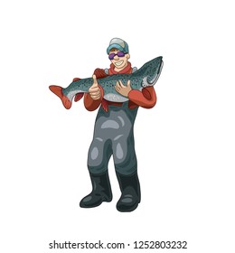 Smiling fisherman holding a big fish vector illustration
