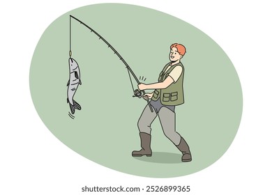 Pescador sorridente em peixe de captura uniforme na vara. Feliz pescador masculino em roupas cáqui pesca no verão. Passatempo e lazer. Ilustração vetorial.