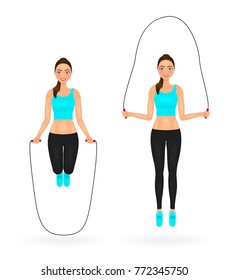 Chica en forma sonriente haciendo ejercicios con cuerda saltadora. Mujer en ropa deportiva. Carácter vectorial.