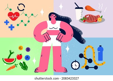 Las jóvenes que sonríen en forma siguen un estilo de vida saludable, los deportes comen limpio. Niña de tono feliz y buena forma se preocupa por los hábitos nutricionales y la actividad física. Ilustración vectorial plana, caricatura. 