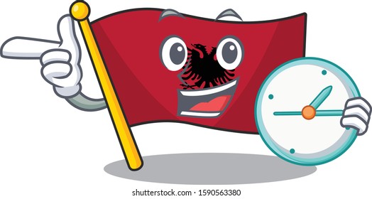 smiling flag albania Scroll cartoon character style with clock