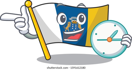 smiling flag canary island Scroll cartoon character style with clock