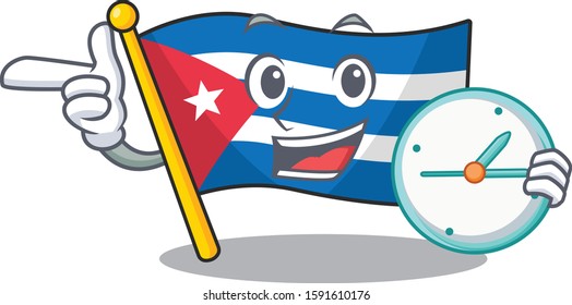 smiling flag cuba Scroll cartoon character style with clock