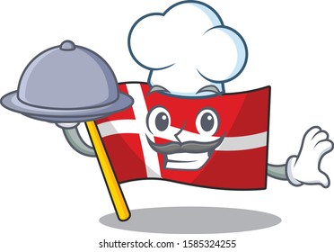 smiling flag denmark as a Chef with food cartoon style design