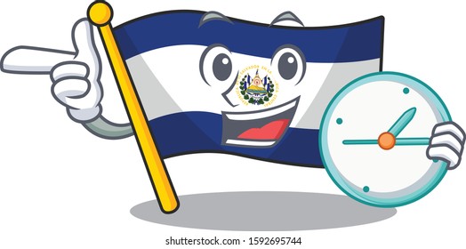 smiling flag el salvador Scroll cartoon character style with clock