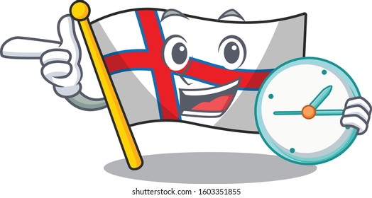 smiling flag faroe island Scroll cartoon character style with clock