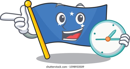 smiling flag micronesia Scroll cartoon character style with clock