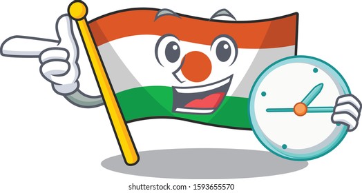 smiling flag niger Scroll cartoon character style with clock