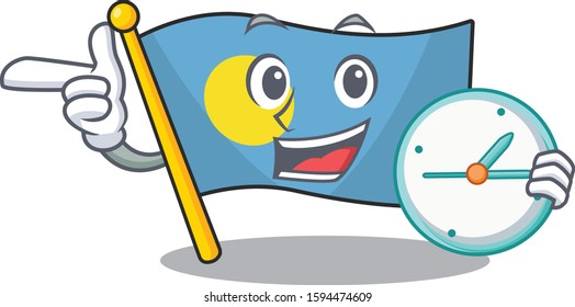 smiling flag palau Scroll cartoon character style with clock