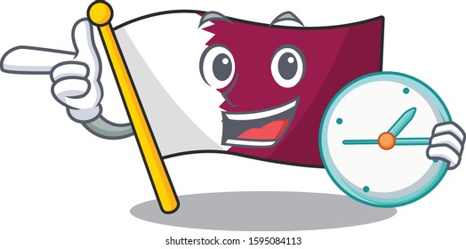 smiling flag qatar Scroll cartoon character style with clock