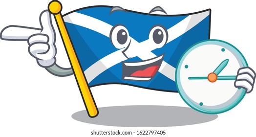smiling flag scotland Scroll cartoon character style with clock