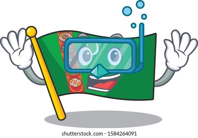 Smiling flag turkmenistan cartoon character style wearing Diving glasses