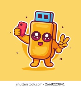 Sonriente mascota del personaje del disco flash tomando un selfie con un dibujo animado aislado del teléfono inteligente 