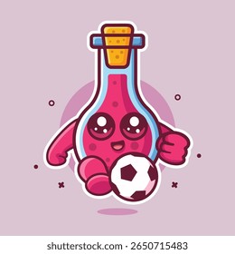 mascote de personagem de vidro de frasco sorridente jogando futebol desenhos animados isolados