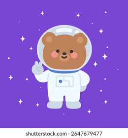 Smiling Flat Bear Astronaut Giving Thumbs Up in Starry Purple Space Vector Illustration