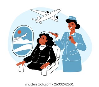Smiling flight attendant in a blue uniform assisting a seated passenger on an airplane. Window view with clouds and an airplane flying. Concept of air travel and customer service. Vector illustration