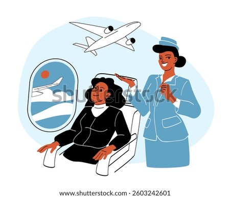 Smiling flight attendant in a blue uniform assisting a seated passenger on an airplane. Window view with clouds and an airplane flying. Concept of air travel and customer service. Vector illustration