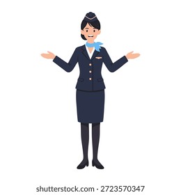 A smiling flight attendant in uniform standing with open arms