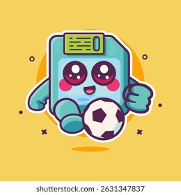 smiling floppy disk character mascot playing football isolated cartoon