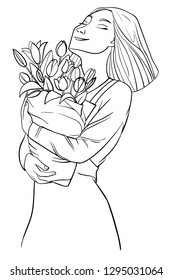smiling florist holding a bouquet of tulips. Vector outline illustration drawings on a white background.