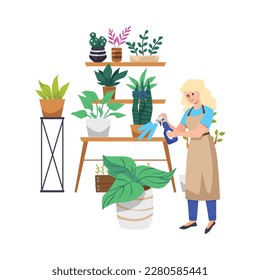 Smiling florist woman caring for plants flat style, vector illustration isolated on white background. Flower shop, professional, various plants in pots and on shelves