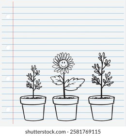 Smiling flower among potted plants on lined paper