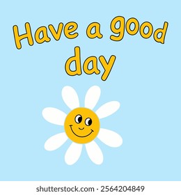 Smiling flower with a bright yellow face and white petals on a light blue background