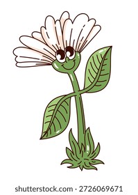 Carácter de flor sonriente con tallo verde, hojas y cara expresiva. Mascota floral linda en la mirada juguetona groovy de la historieta, Ilustración vectorial aislada de la historieta.