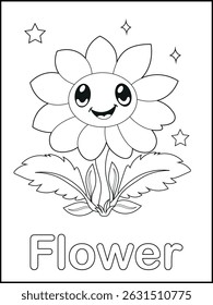 Smiling Flower Coloring Sheet - Divertido imprimível com etiqueta de palavra para a prática de vocabulário pré-escolar